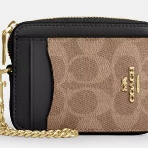 Coach Black and Tan Card Holder with Gold Chain
